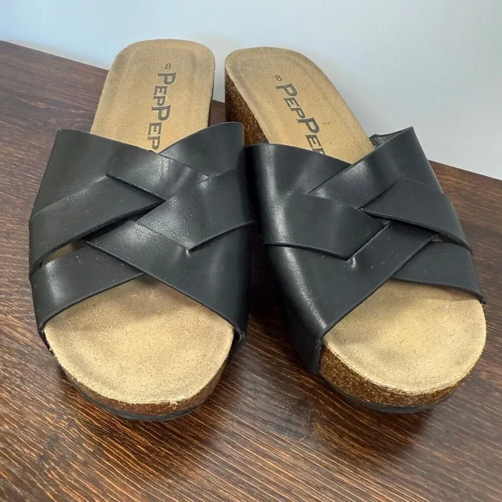 PepPep Womens black cork low wedge slide size 8